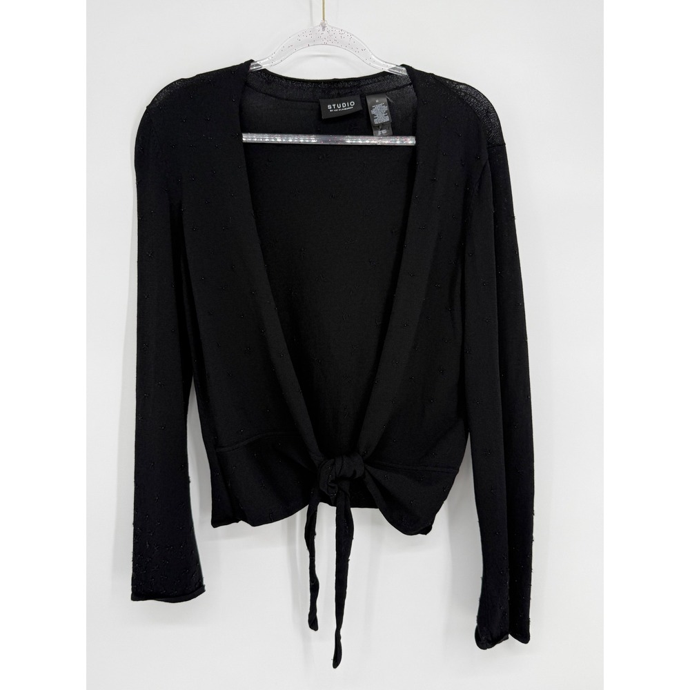 Studio Liz Claiborne Black Tie Front Beaded Starburst Cardigan Sweater Sz M
